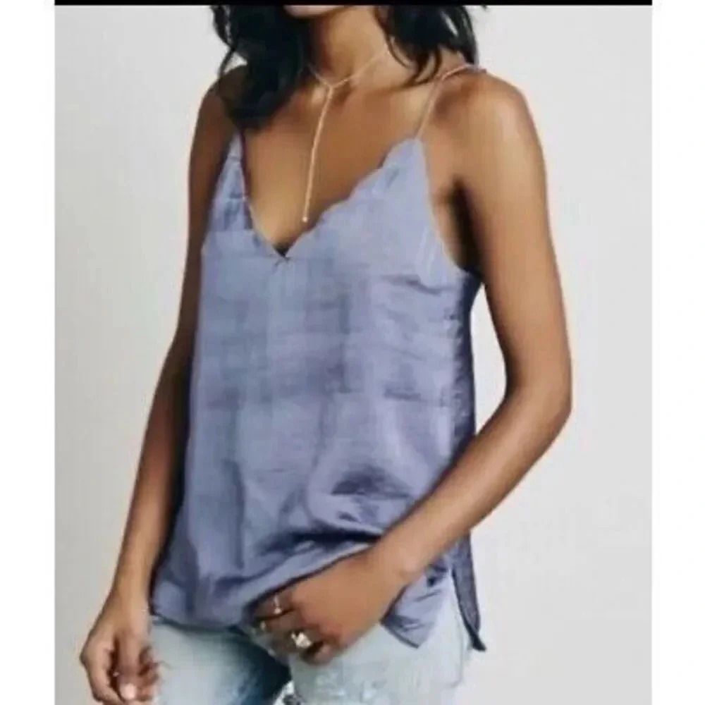 NWT Free‎ People Women's medium Blue Scallop Cami Tank Top Sleeveless Casual